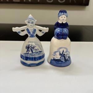 Handpainted Delft Blue Milkmaid Bell & Sitting Boy Bell
